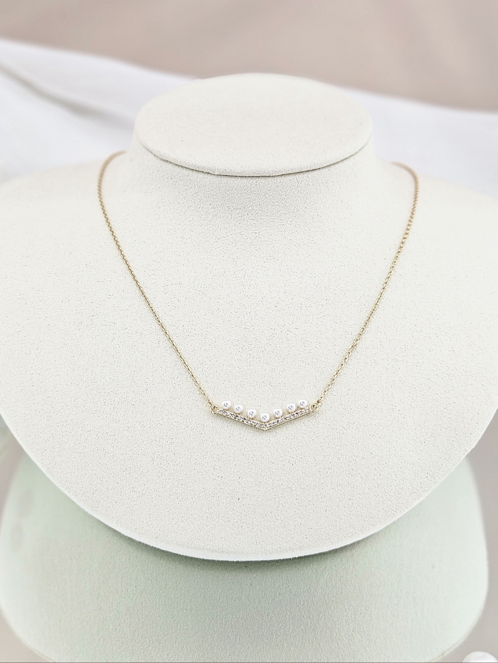 Adornia 14k Gold Plated Crystal Faux Pearl Bar V Necklace Modern Minimalist Boho
